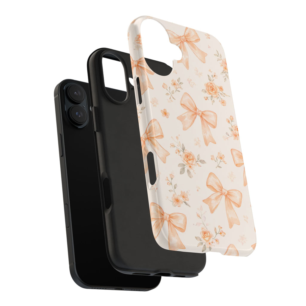 Peach Bow Floral Pattern Tough Phone Case, Peach Ribbon Design