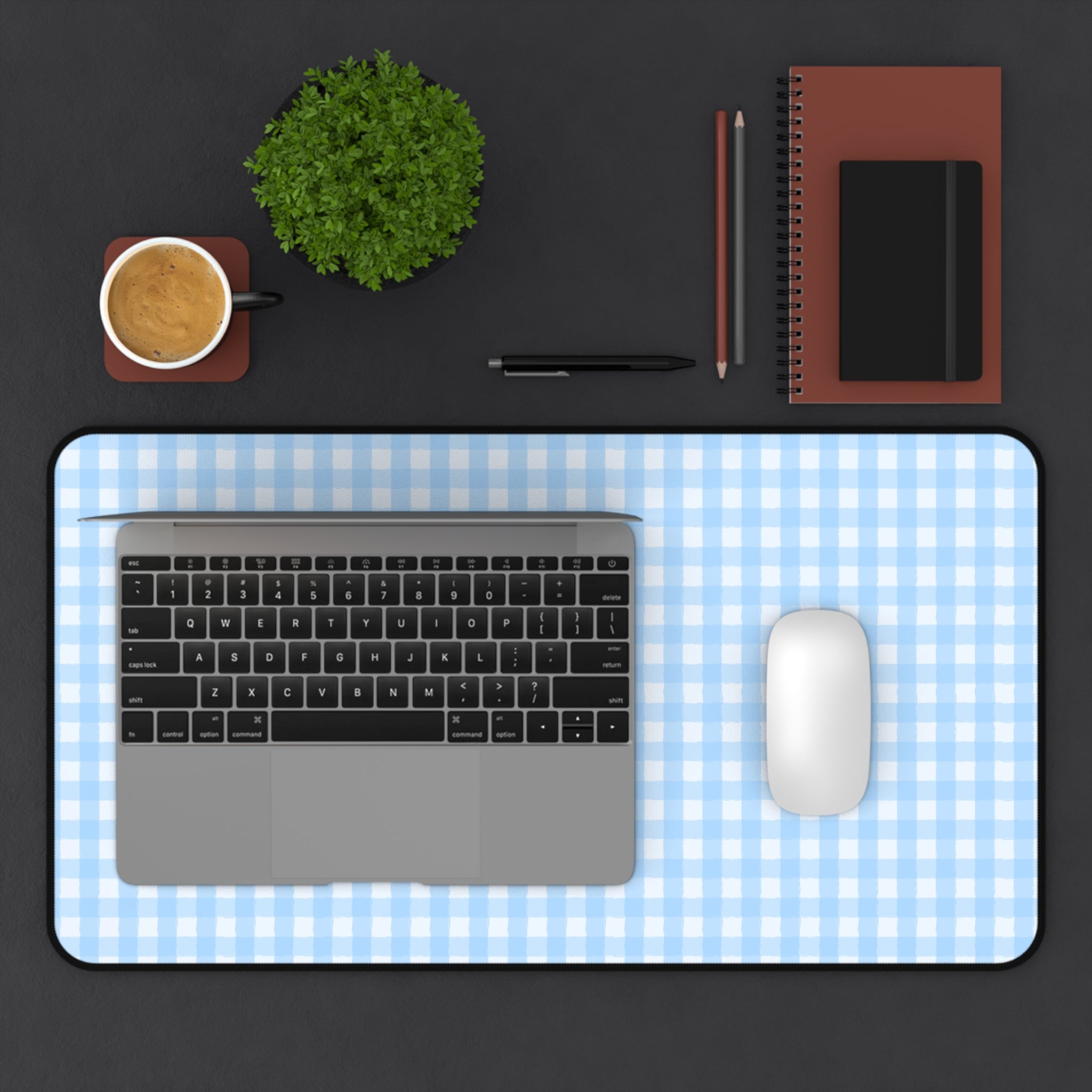 Blue Gingham Desk Mat – Pastel Checkered Mousepad for Home Office & Study
