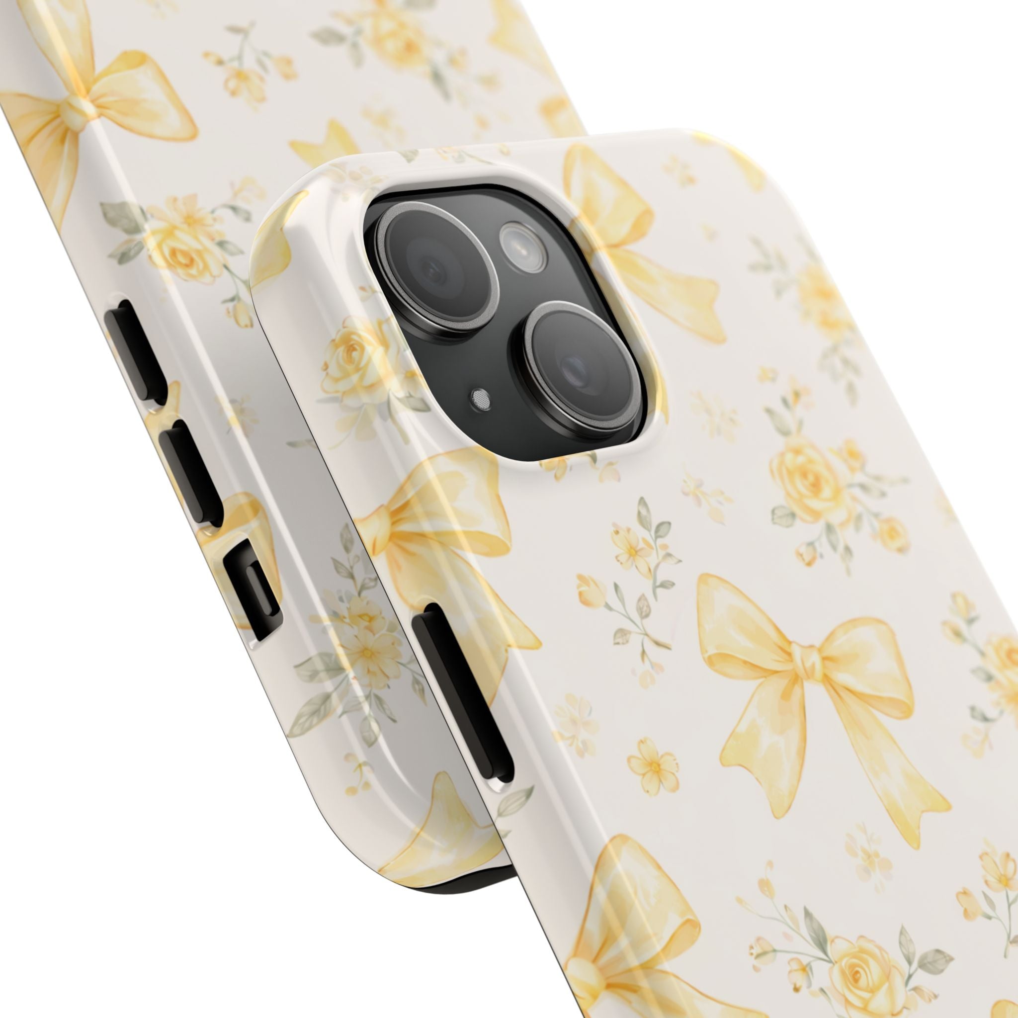 Yellow Bow Floral Phone Case, Cute Yellow Ribbon Pattern