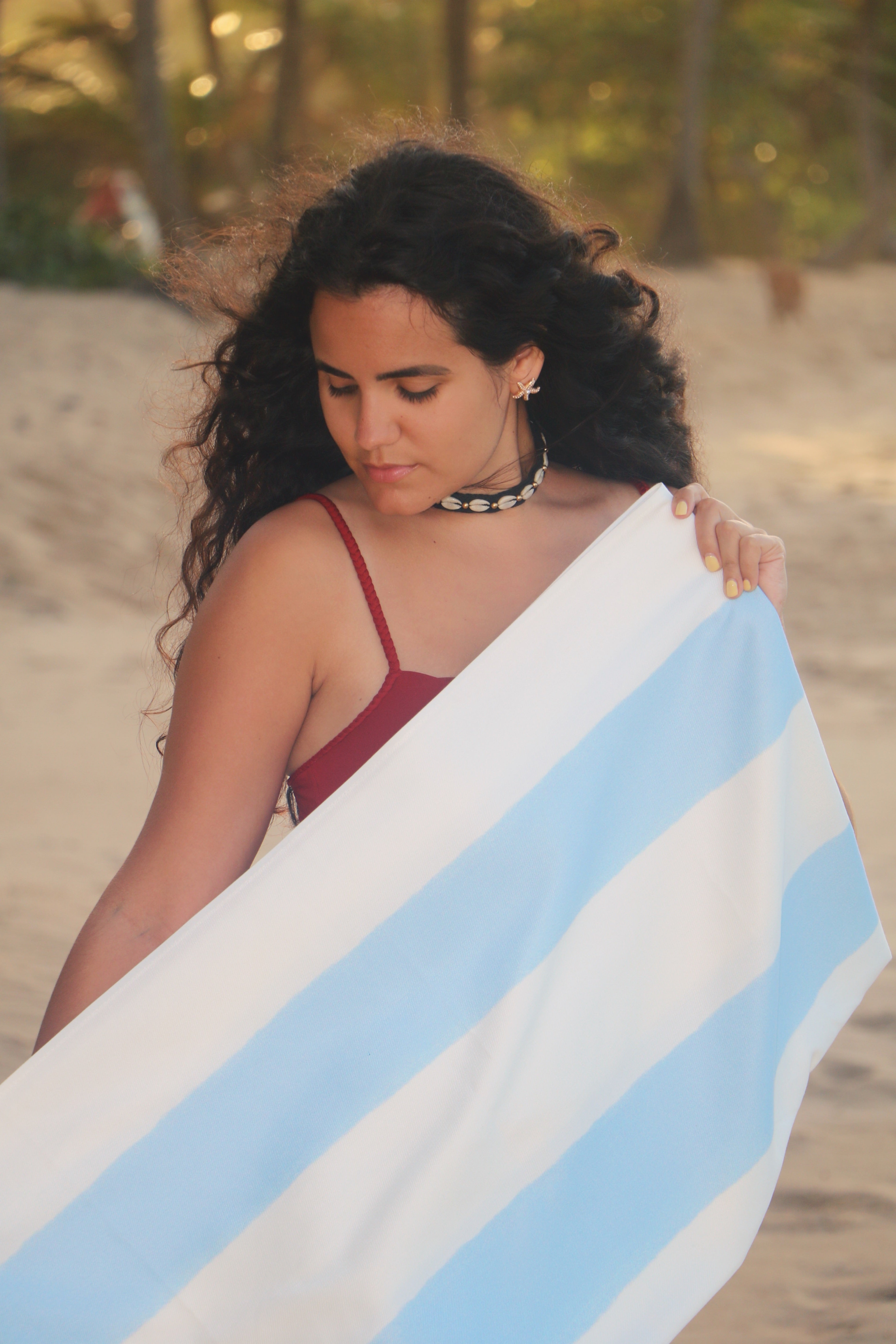 Light Blue Boho Stripe Beach Blanket – Turkish Peshtemal with Fringe for Beach and Travel