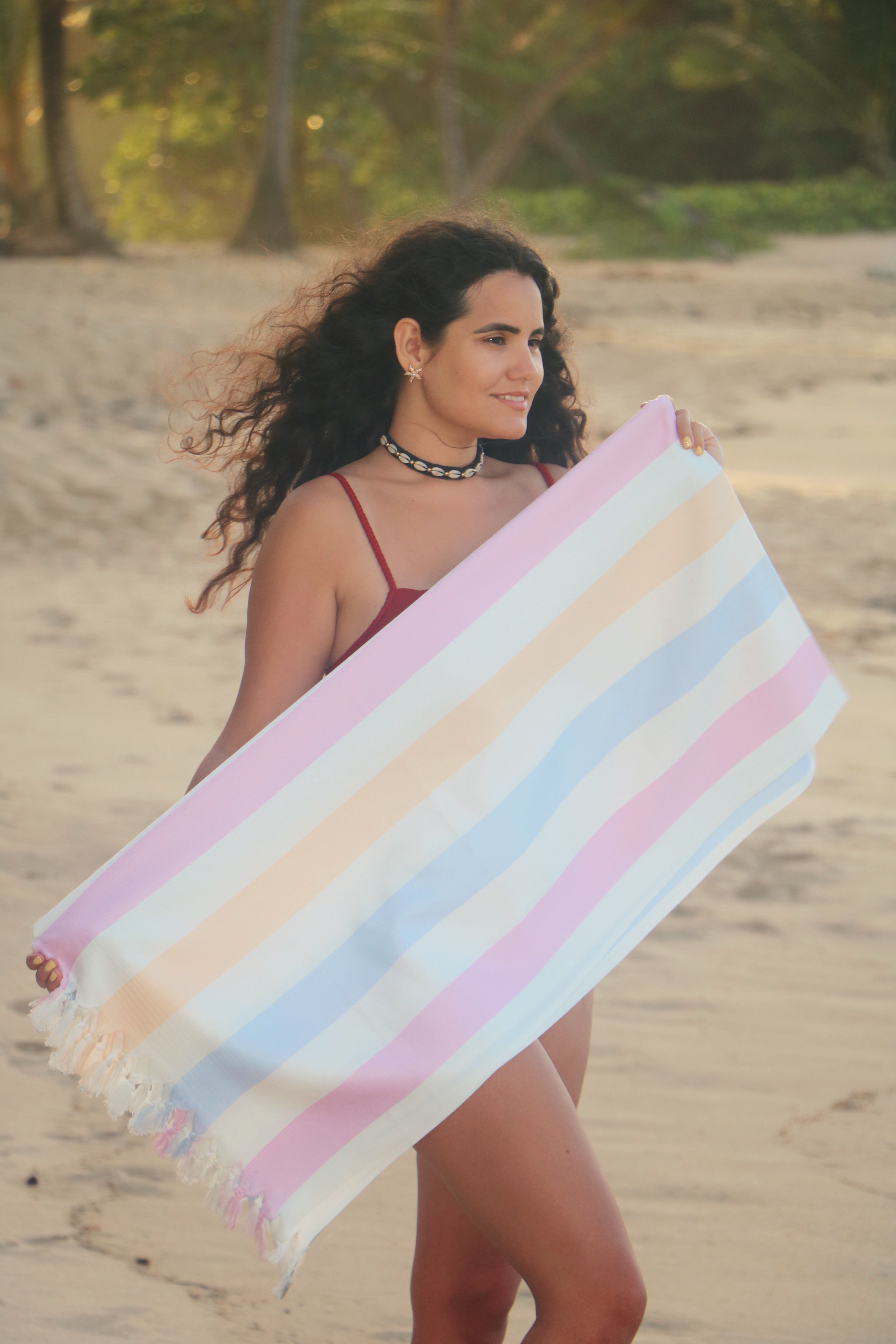 Pastel Boho Stripe Beach Blanket – Turkish Fringe Beach Blanket for Summer & Travel