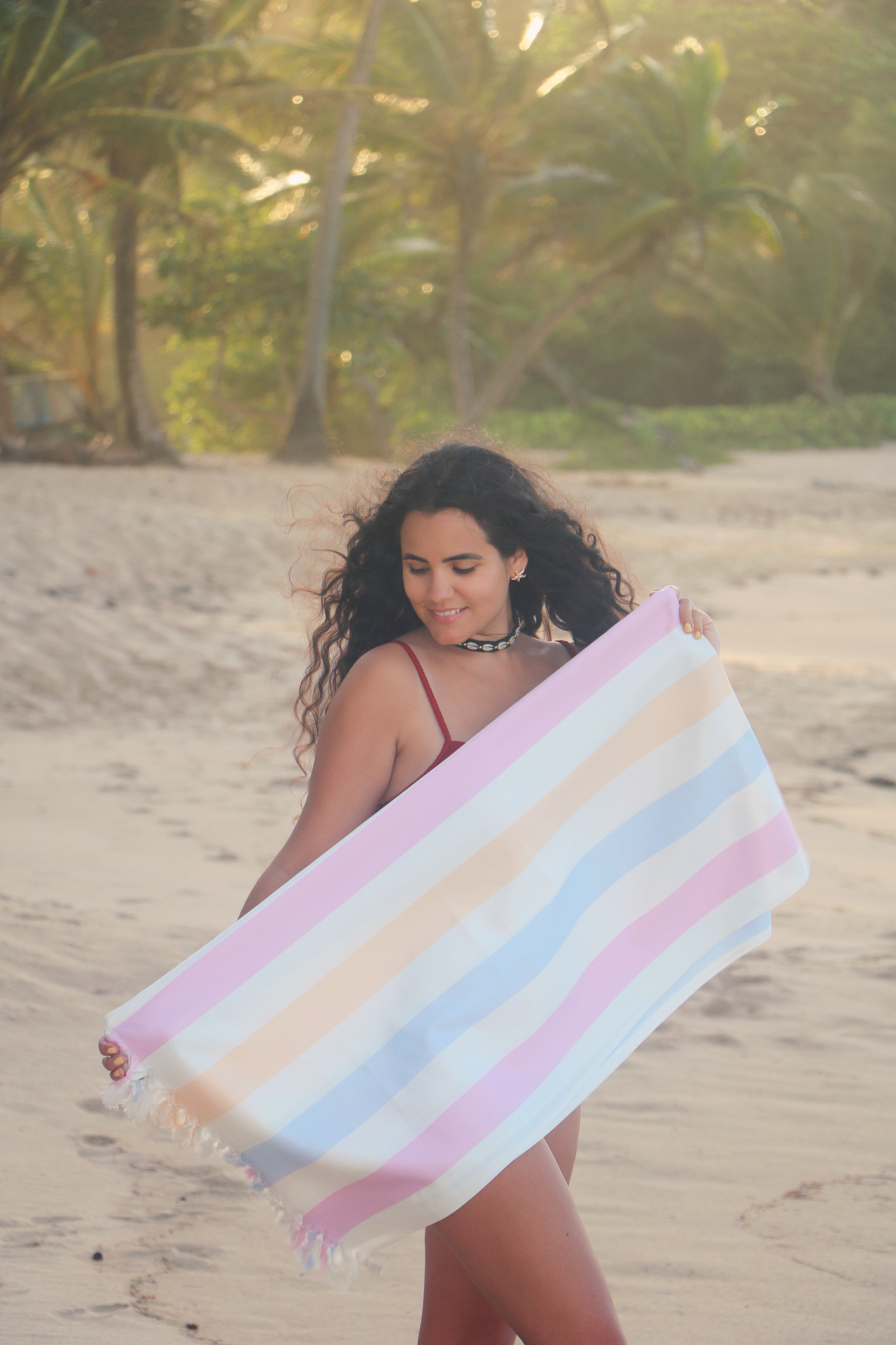 Pastel Boho Stripe Beach Blanket – Turkish Fringe Beach Blanket for Summer & Travel