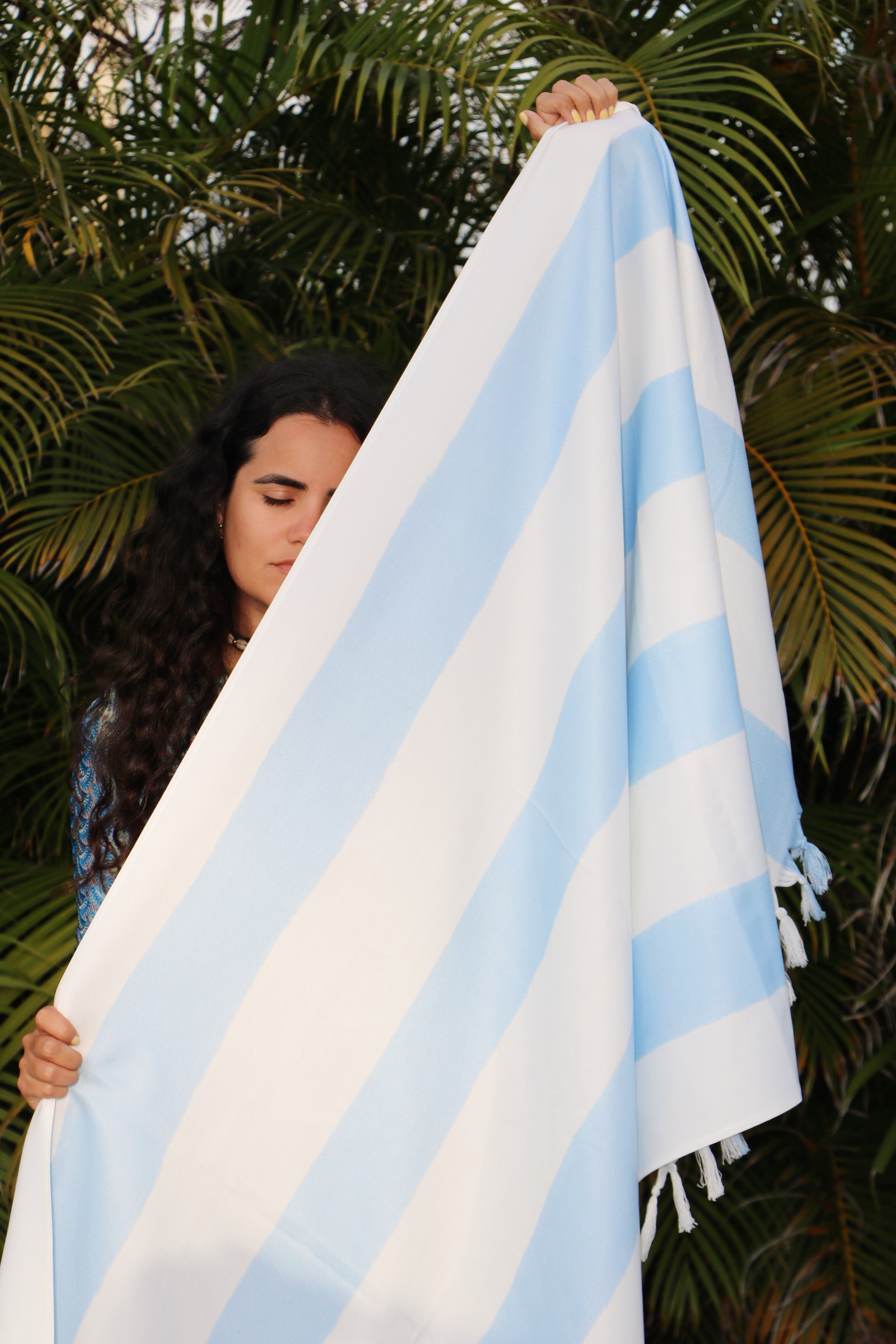 Light Blue Boho Stripe Beach Blanket – Turkish Peshtemal with Fringe for Beach and Travel