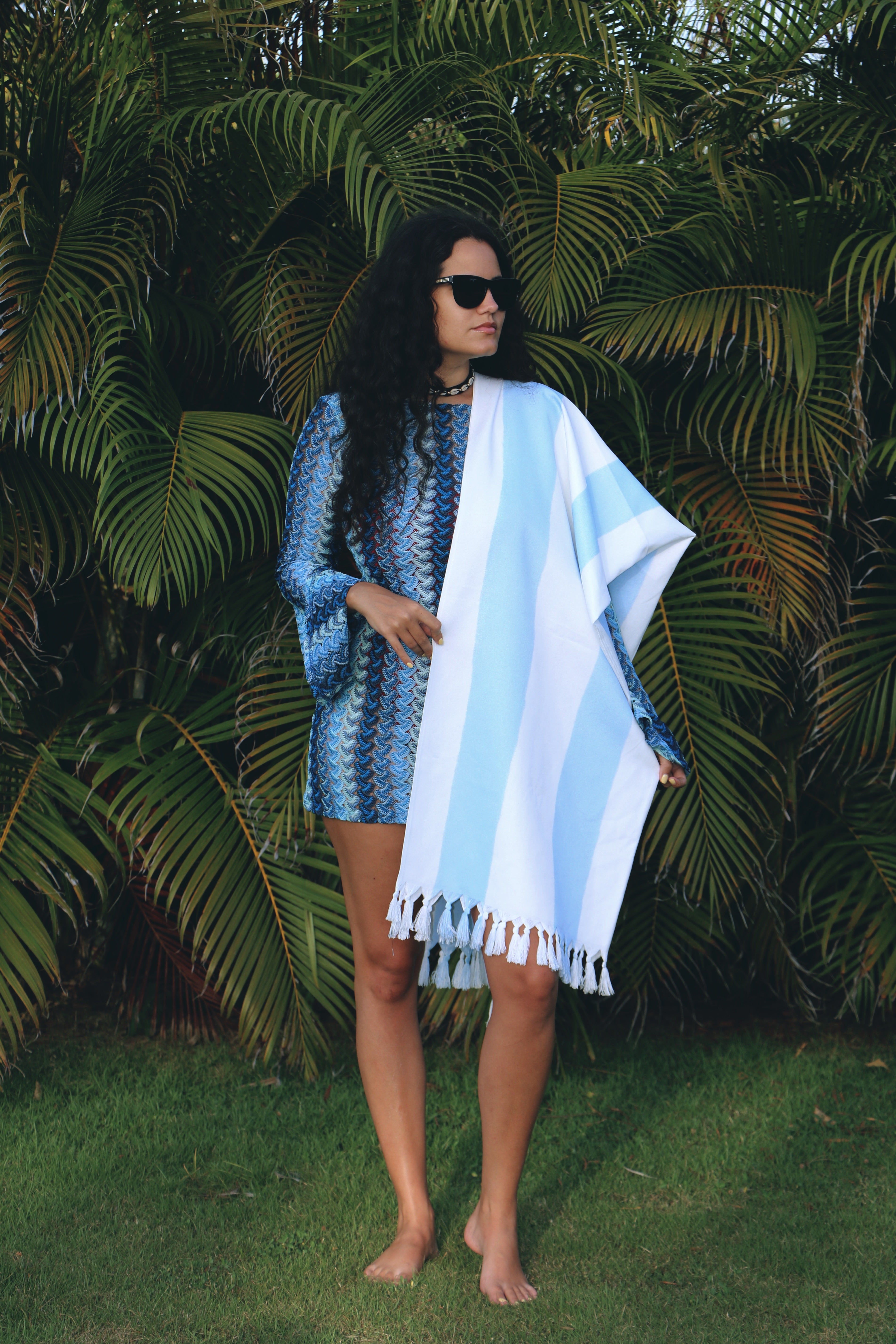Light Blue Boho Stripe Beach Blanket – Turkish Peshtemal with Fringe for Beach and Travel