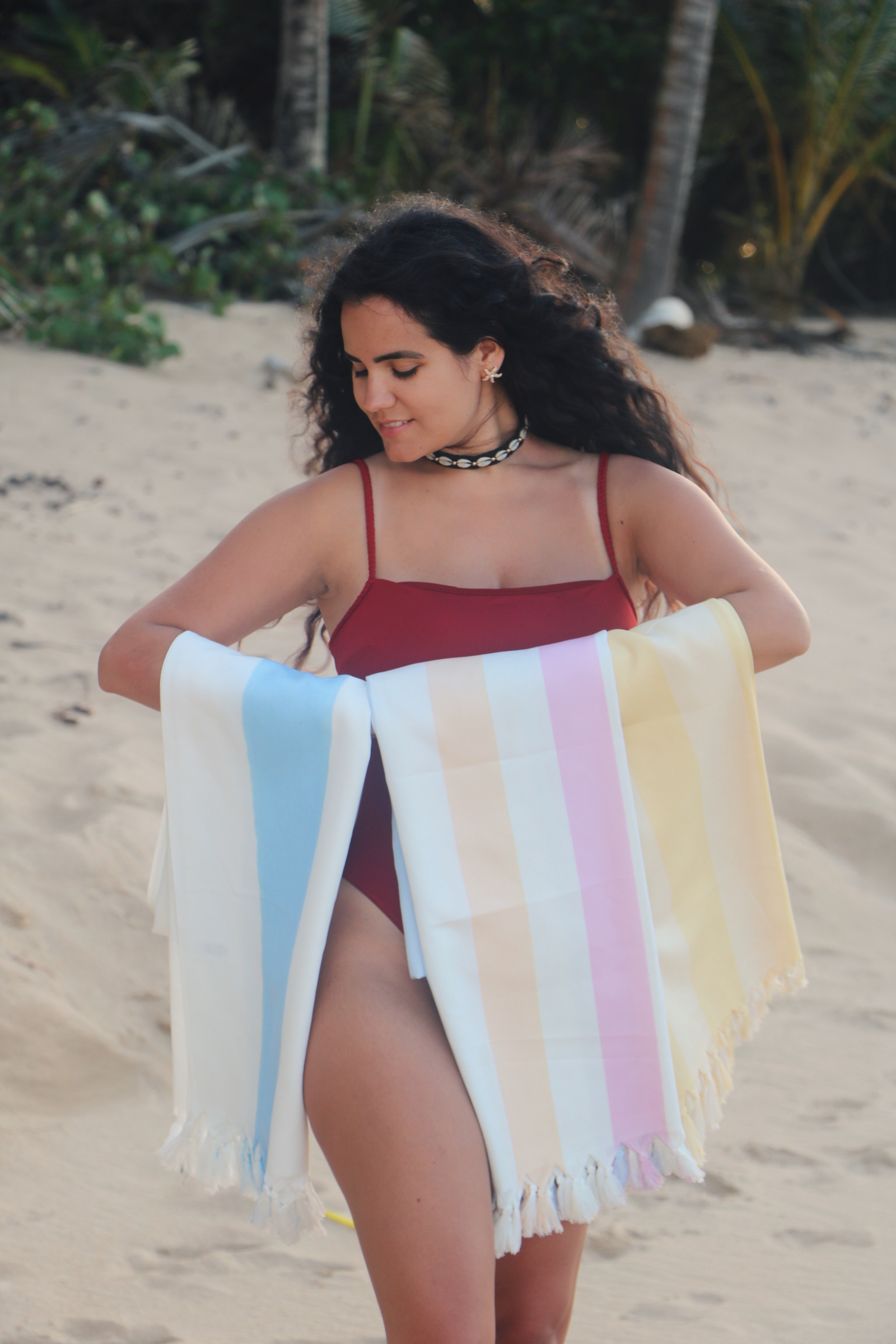 Pastel Boho Stripe Beach Blanket – Turkish Fringe Beach Blanket for Summer & Travel