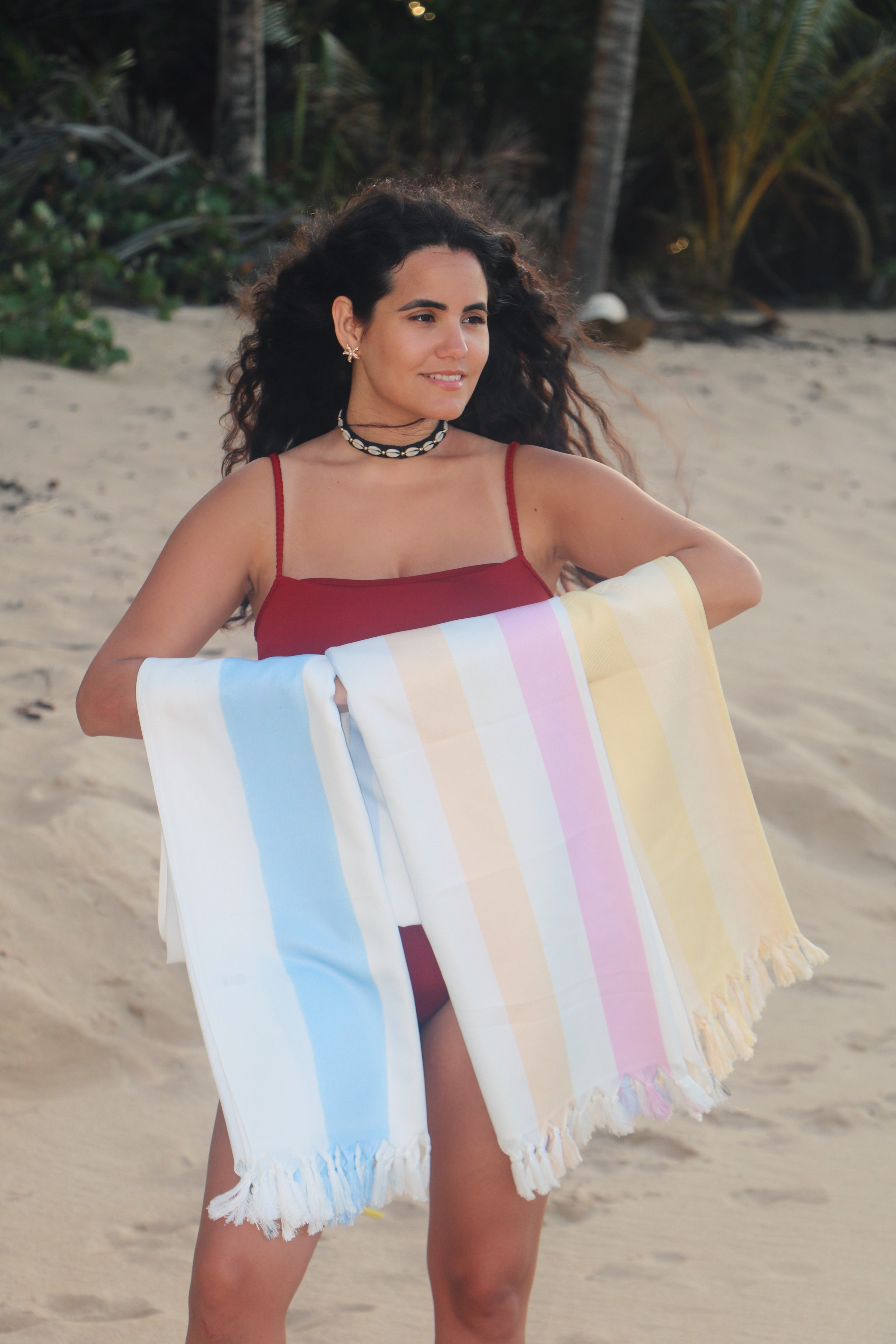 Light Blue Boho Stripe Beach Blanket – Turkish Peshtemal with Fringe for Beach and Travel