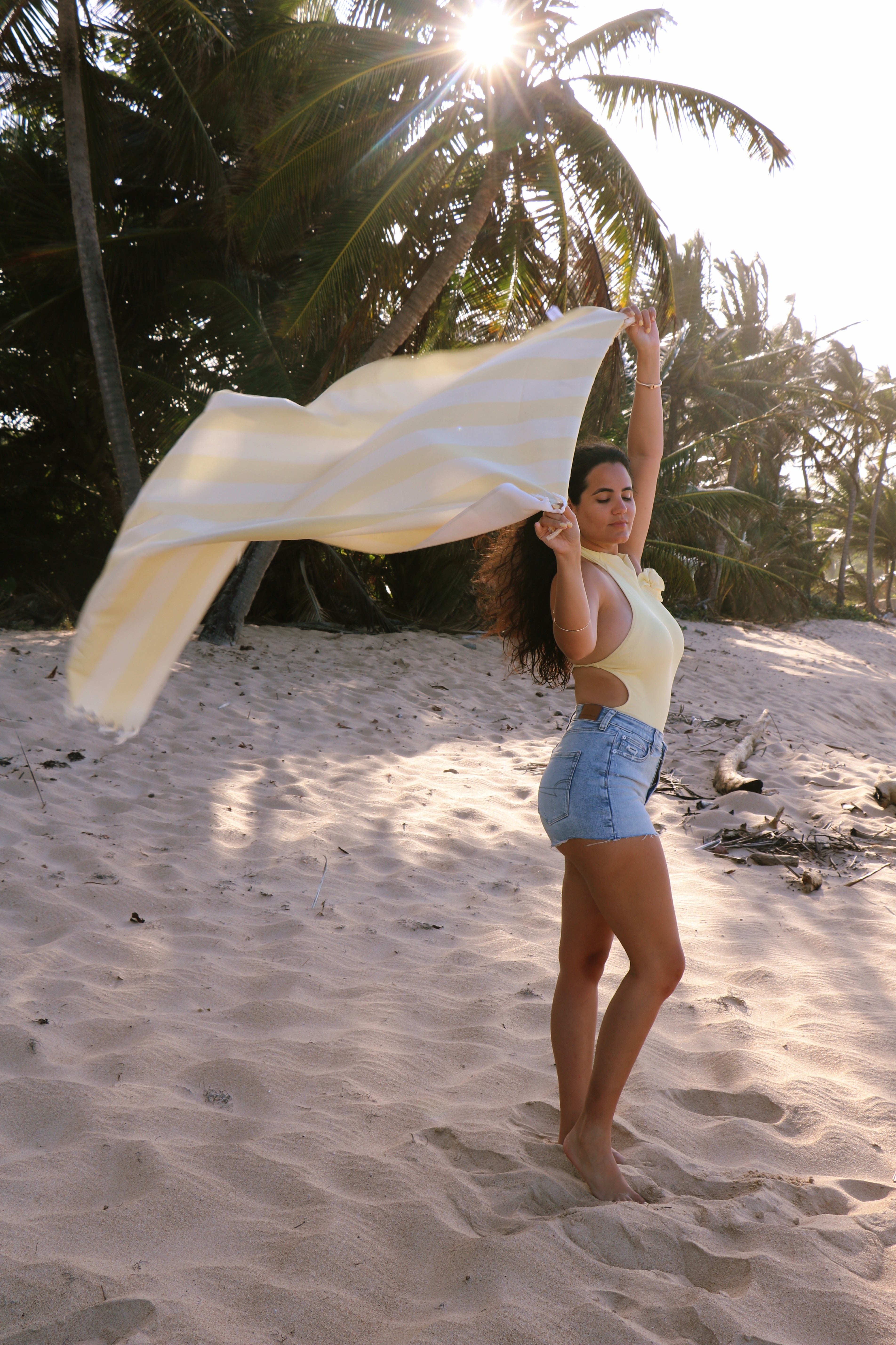 Butter Yellow Boho Beach Blanket – Stripe Fringe Throw for Beach, Pool & Travel
