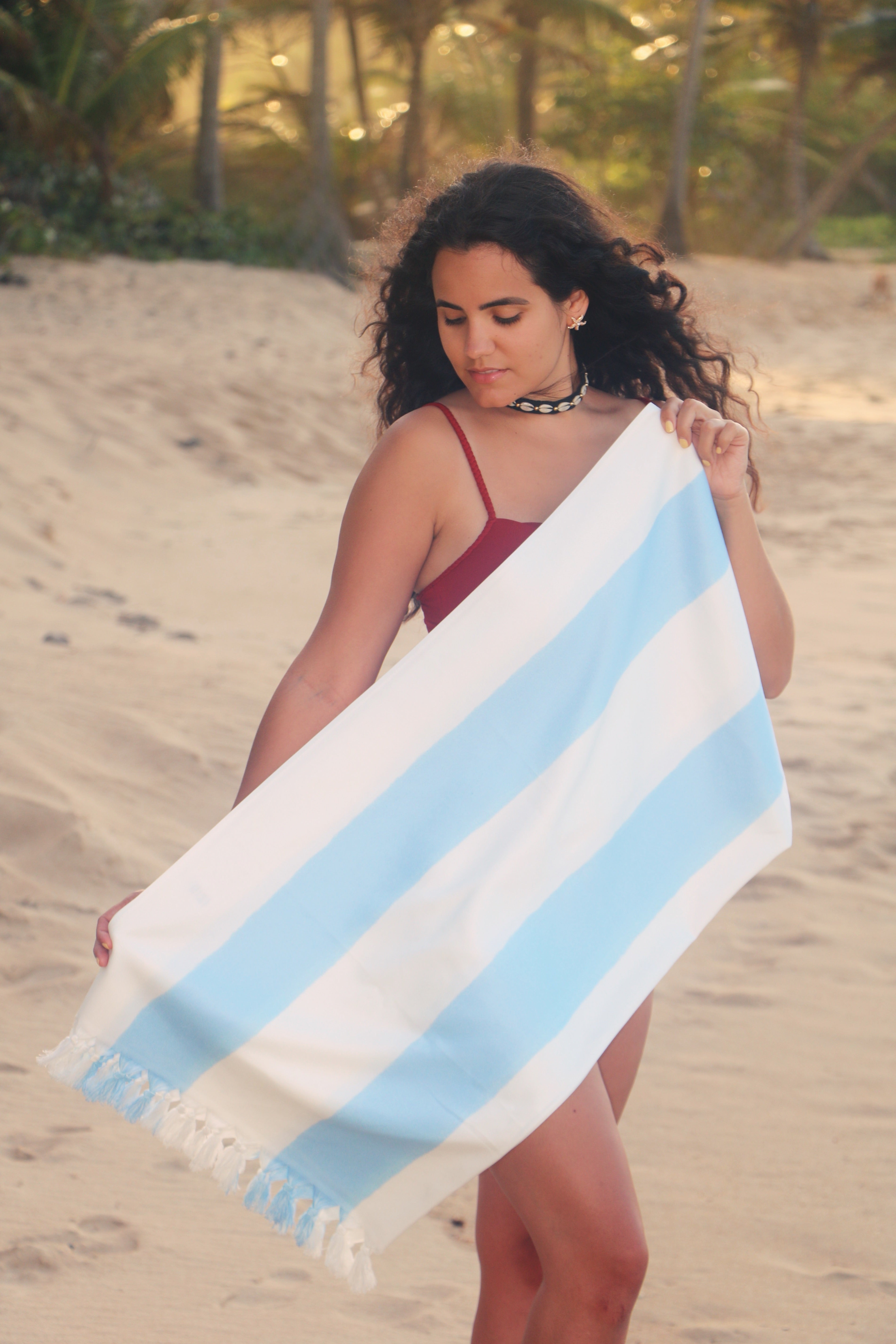 Light Blue Boho Stripe Beach Blanket – Turkish Peshtemal with Fringe for Beach and Travel