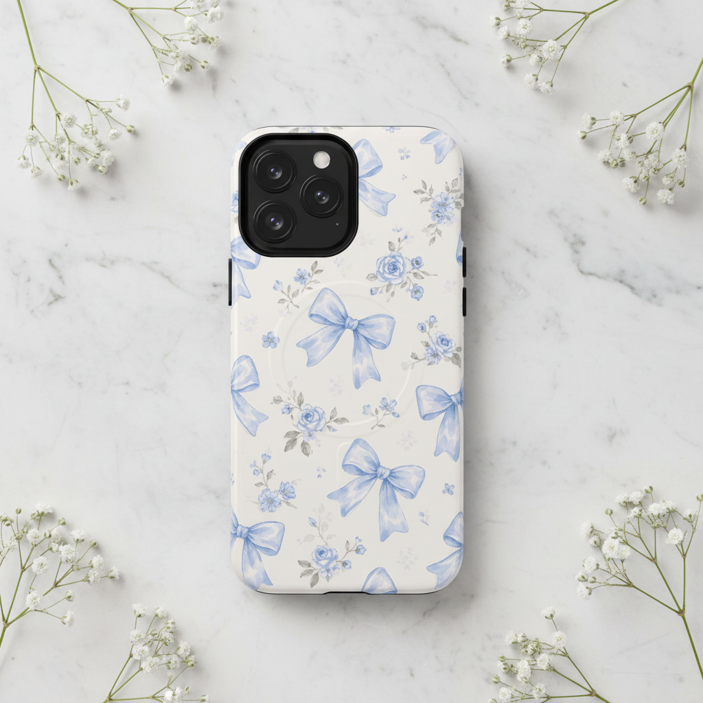 Blue bows and roses iPhone case on marble with baby's breath