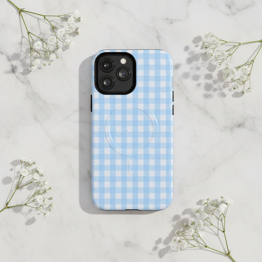 Blue gingham phone case on marble with baby's breath