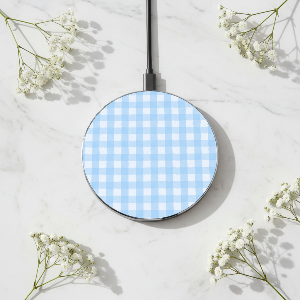 Blue Gingham Wireless Charger - Baby's Breath