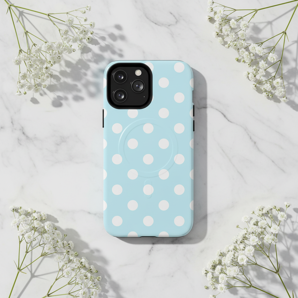 Blue polka dot phone case on marble with baby's breath