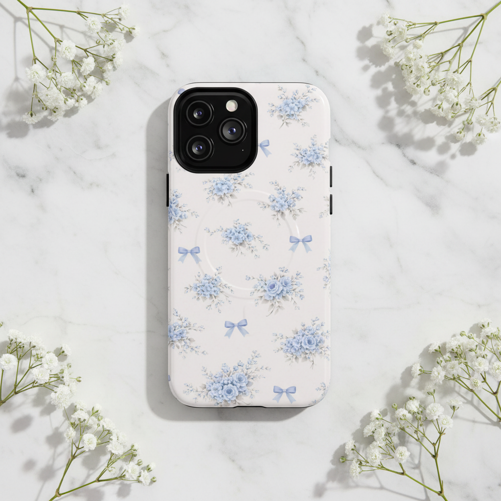 Blue roses and bows iPhone case on marble with baby's breath
