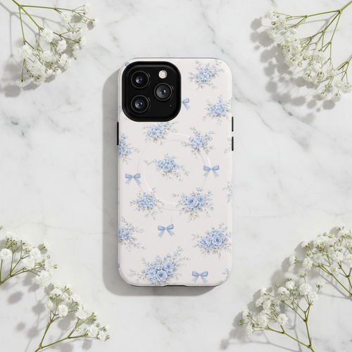 Blue roses and bows iPhone case on marble with baby's breath