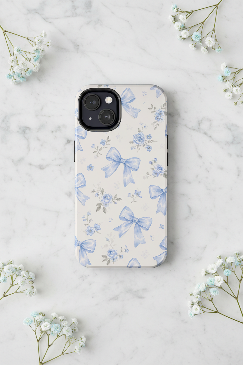 Blue Watercolor Bows iPhone Case, Floral Bow Pattern