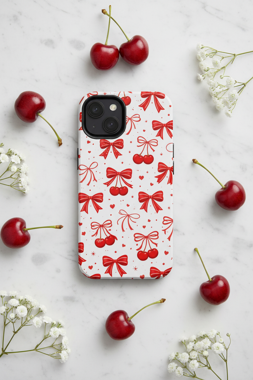 Red Cherry Bows Tough Phone Case, Cherry Pattern Phone Case