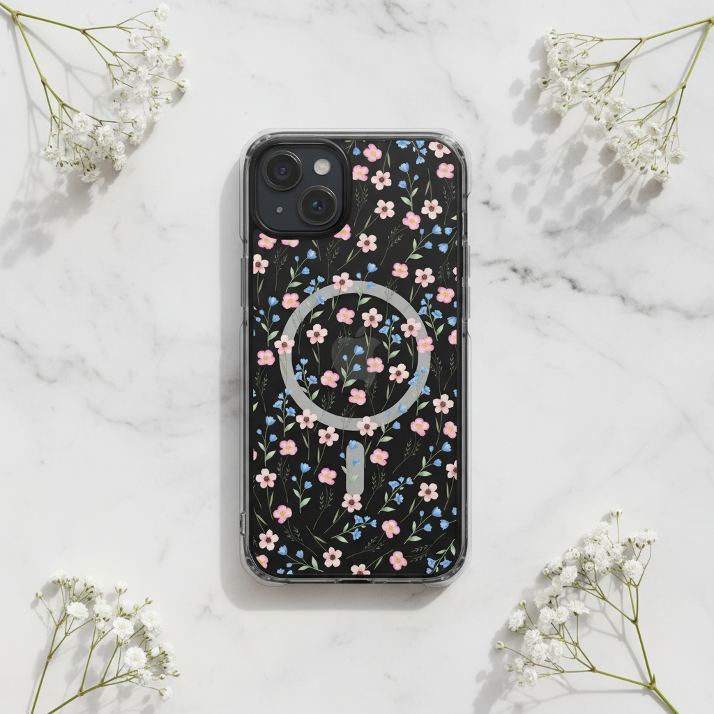 Floral phone case on same iPhone model on marble