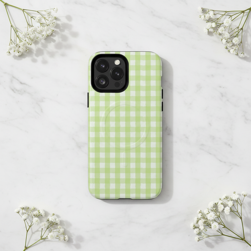 Green gingham iPhone case front view on marble with baby's breath