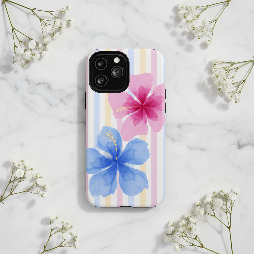 Hibiscus floral iPhone case on marble with baby's breath