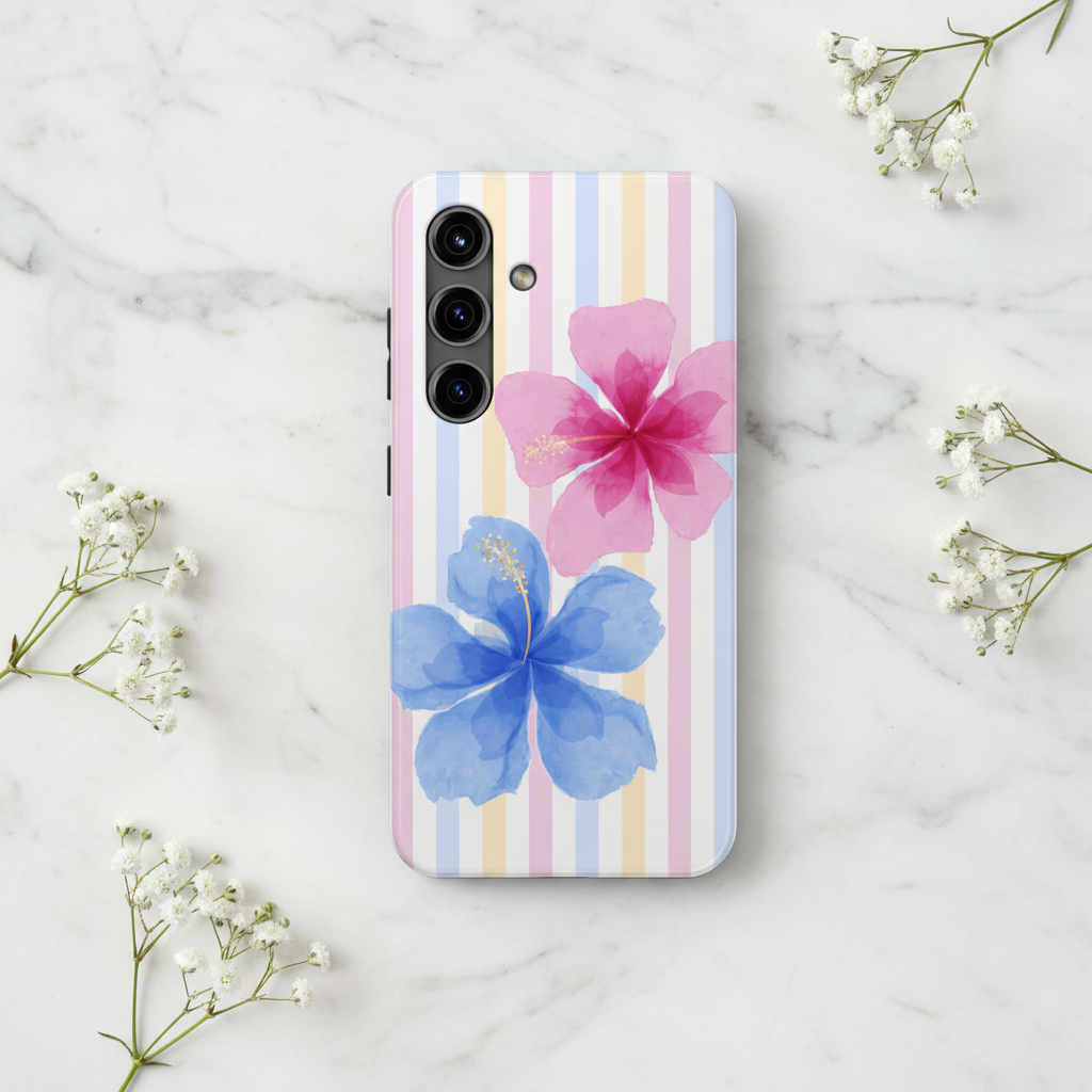 Hibiscus Samsung case on marble with baby's breath