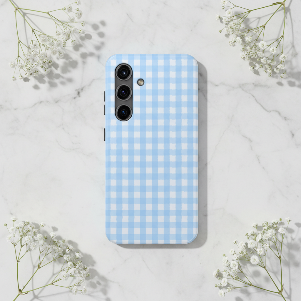 Light blue gingham Samsung case on marble with baby's breath on sides