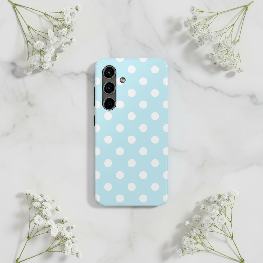Light blue polka dot Samsung case on marble with baby's breath