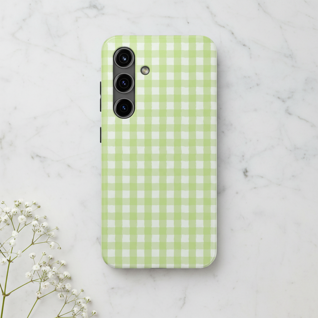 Light green gingham Samsung case on marble with baby's breath