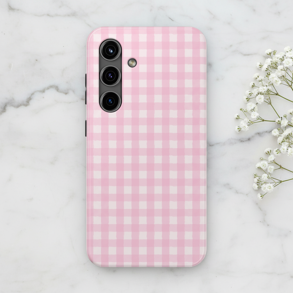 Light pink gingham Samsung case on marble with baby's breath