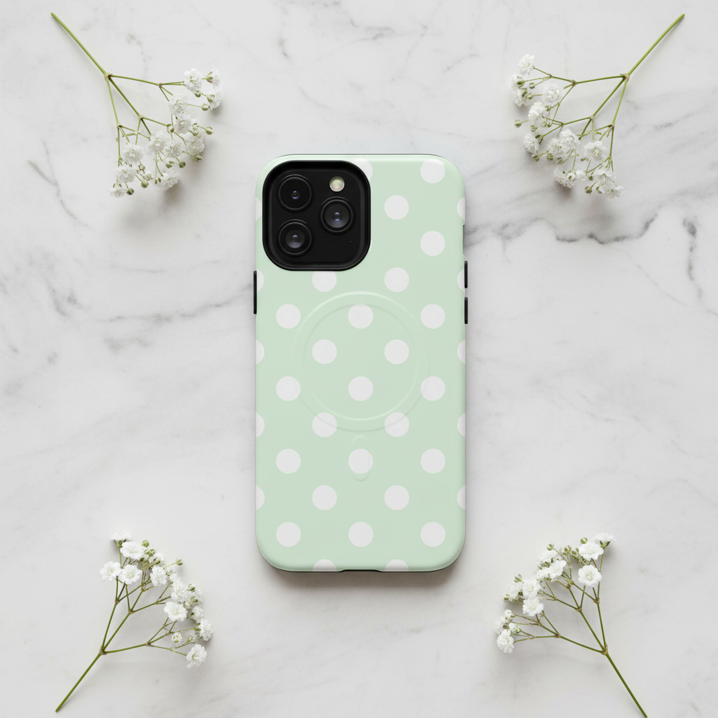 Mint green polka dot phone case on marble with baby's breath