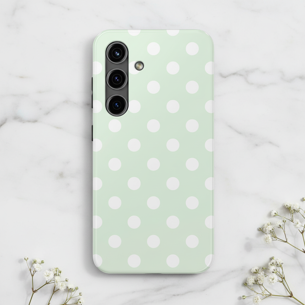 Mint polka dot Samsung case on marble with baby's breath