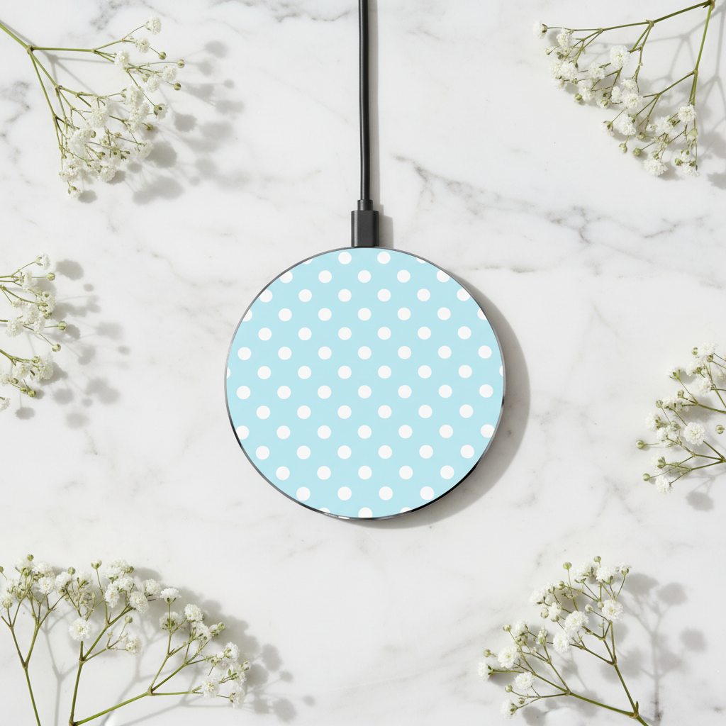 Pastel Blue Polka Dot Wireless Charger - Baby's Breath