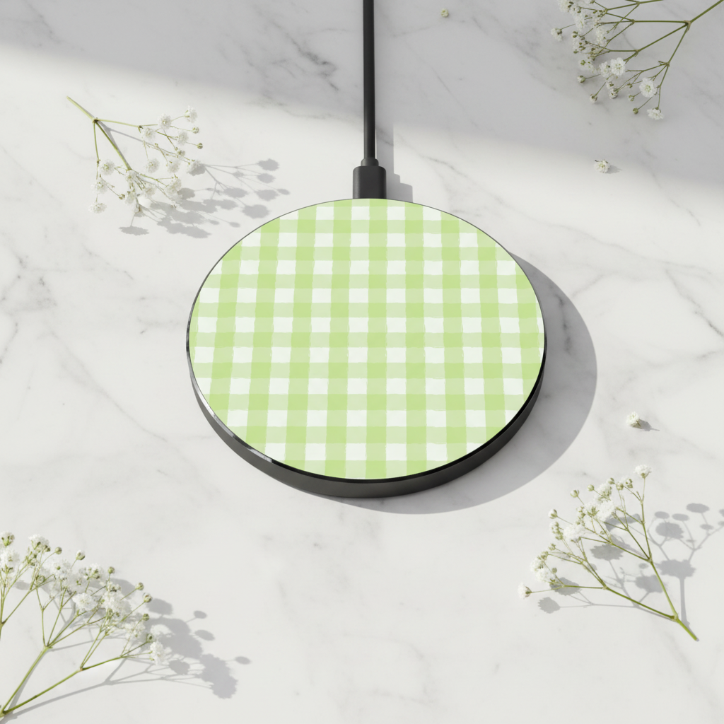 Pastel Green Gingham Wireless Charger - Baby's Breath