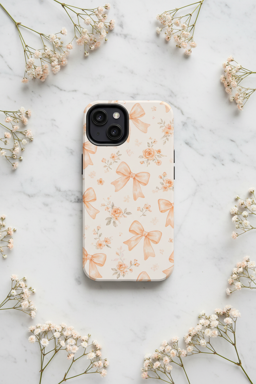 Peach Bow Floral Pattern Tough Phone Case, Peach Ribbon Design