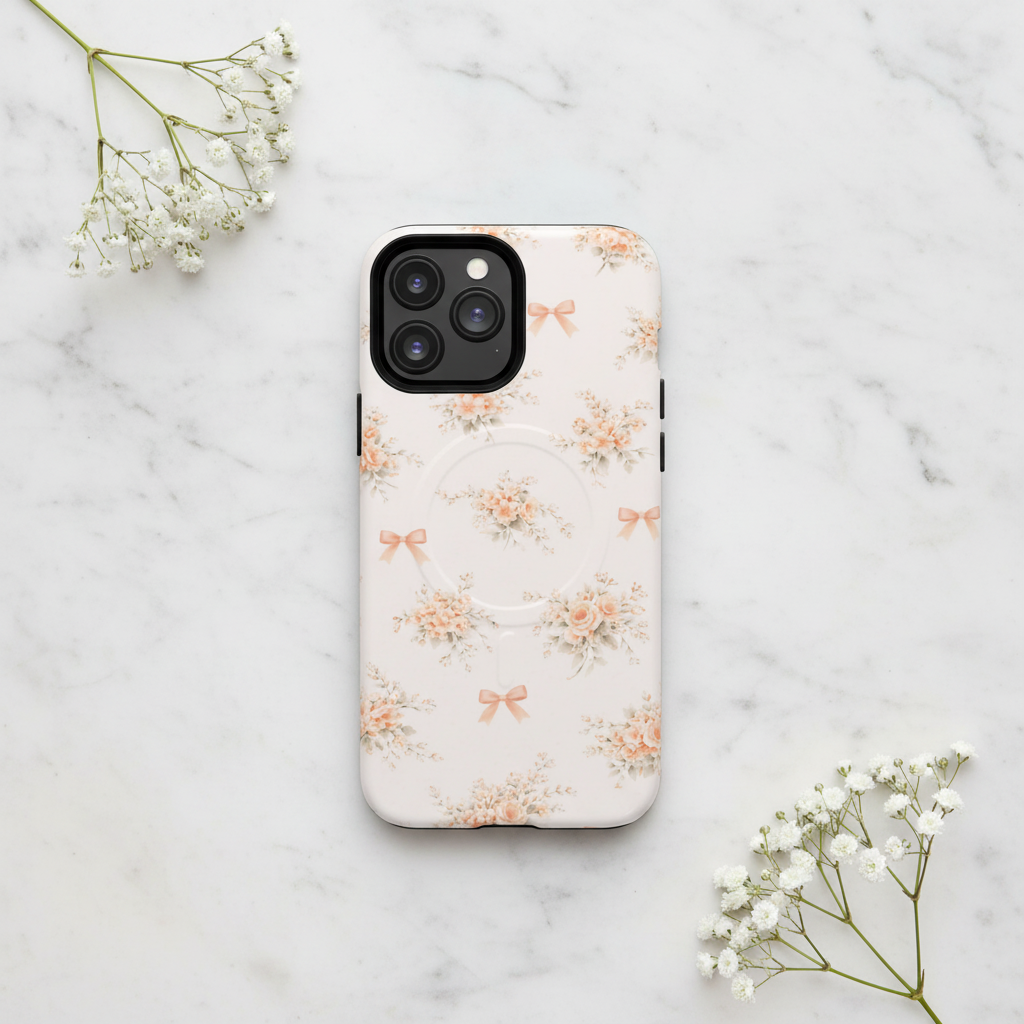 Peach roses and bows iPhone case on marble with baby's breath
