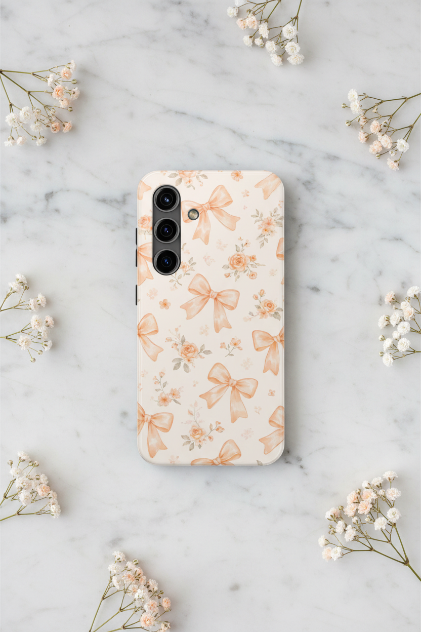 Peach Watercolor Bows Tough Phone Case, Floral Bow Pattern