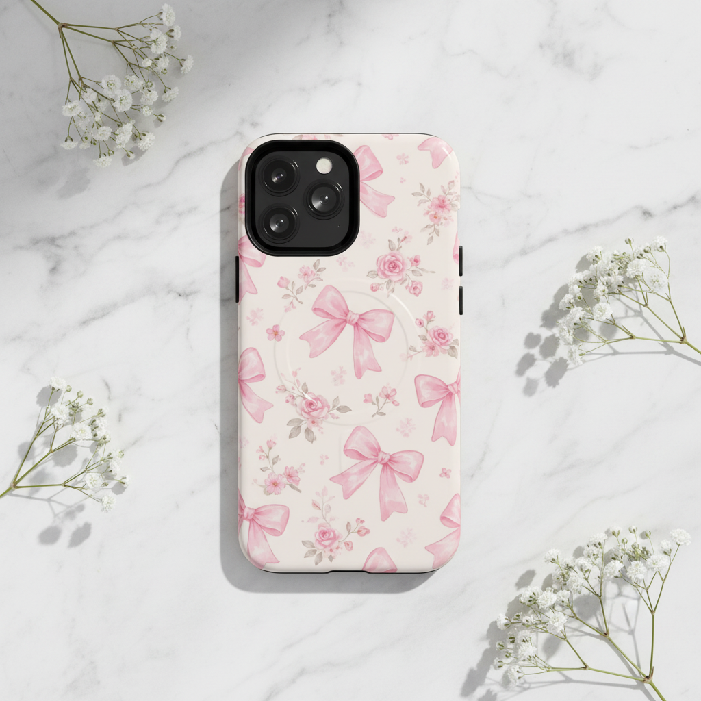 Pink bows and roses iPhone case on marble with baby's breath