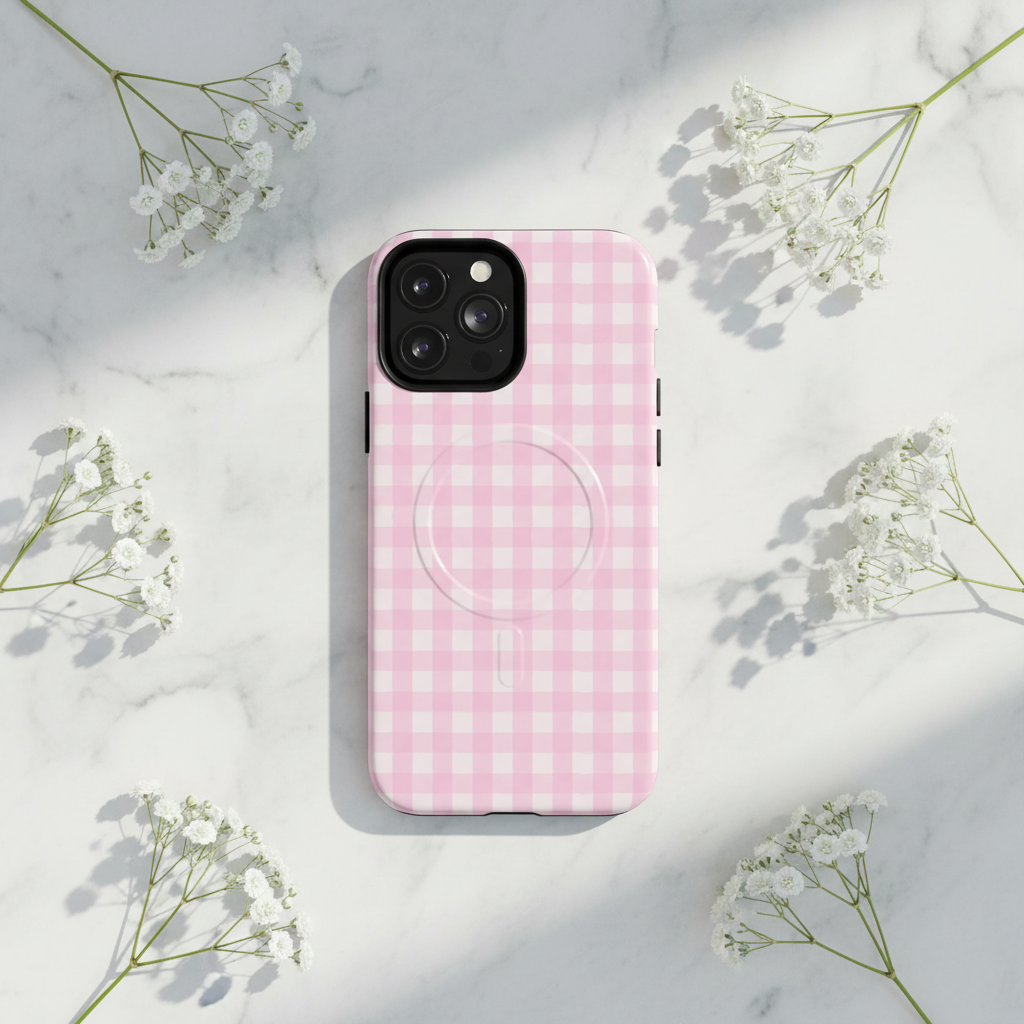 Pink gingham phone case on marble with baby's breath