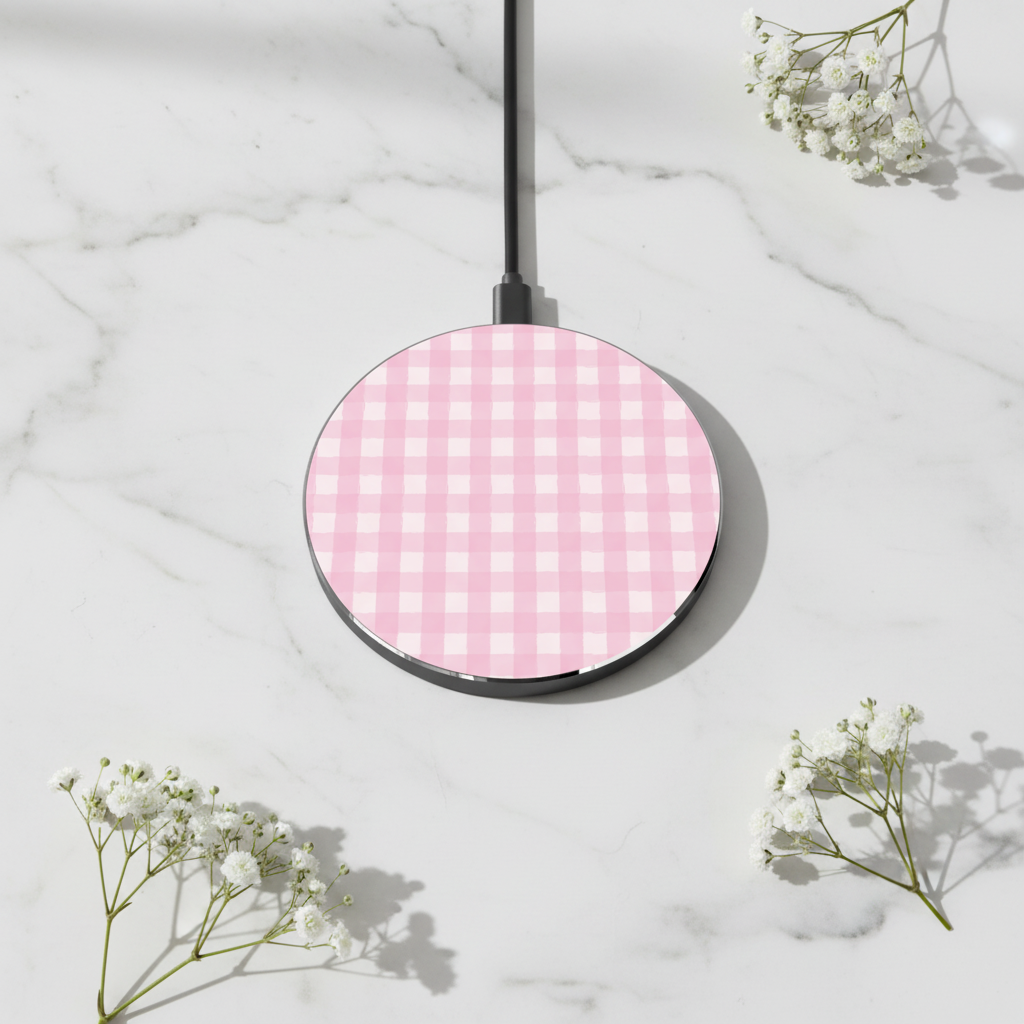 Pink Gingham Wireless Charger - Baby's Breath