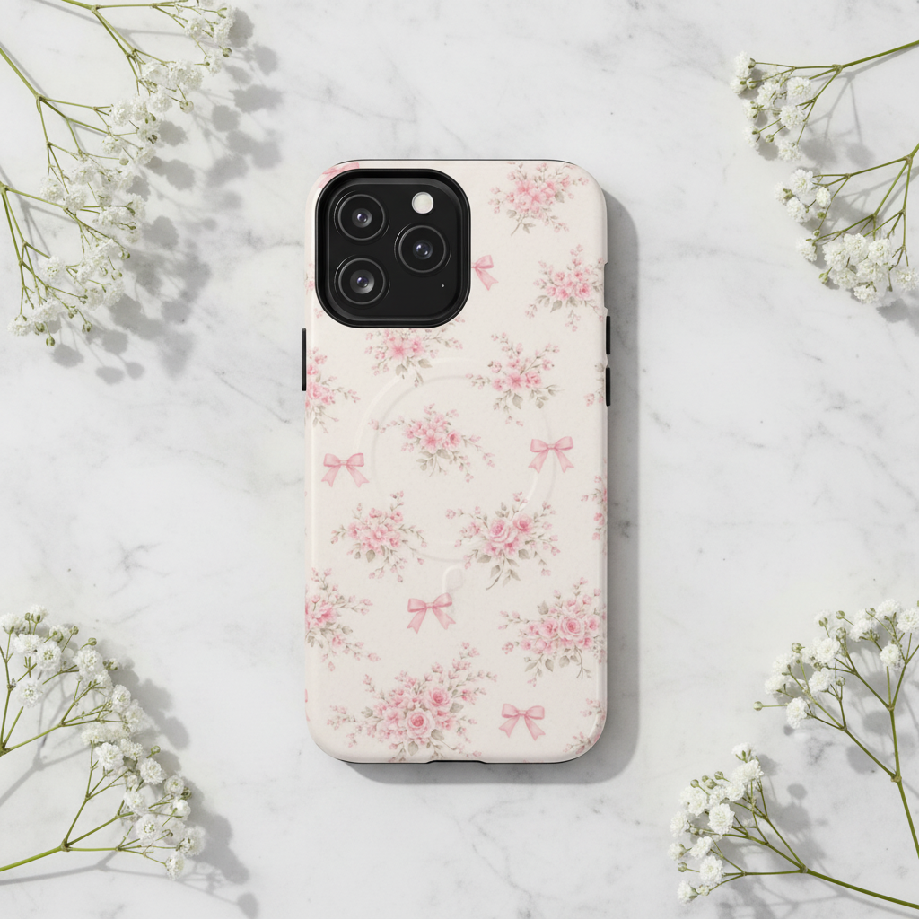 Pink roses and bows iPhone case on marble with baby's breath