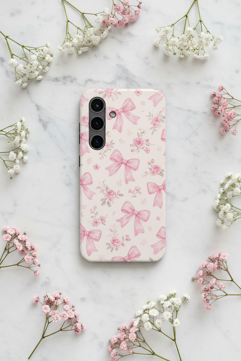 Pink Watercolor Bows Tough Phone Case, Floral Ribbon Pattern