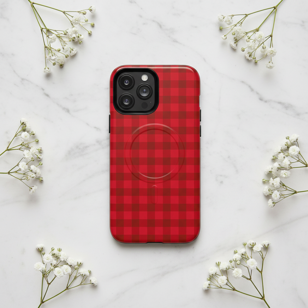 Red buffalo plaid iPhone case on marble with baby's breath