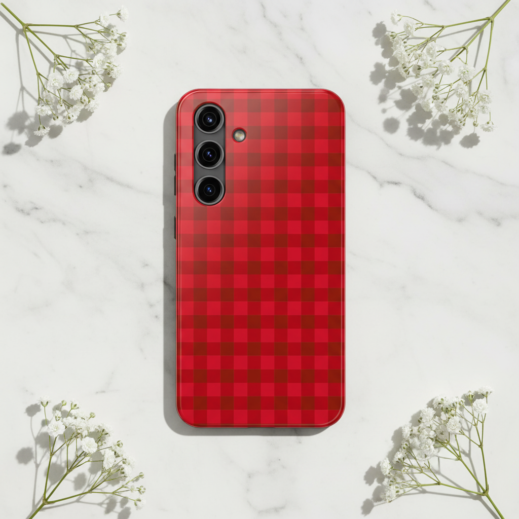 Red plaid Samsung case on marble with baby's breath