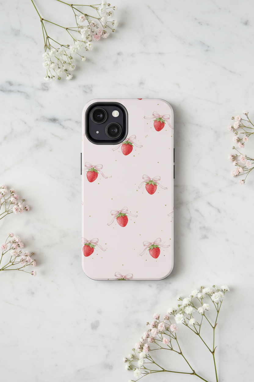 Pink Strawberry Pattern Tough Phone Case, Pastel Fruit Print