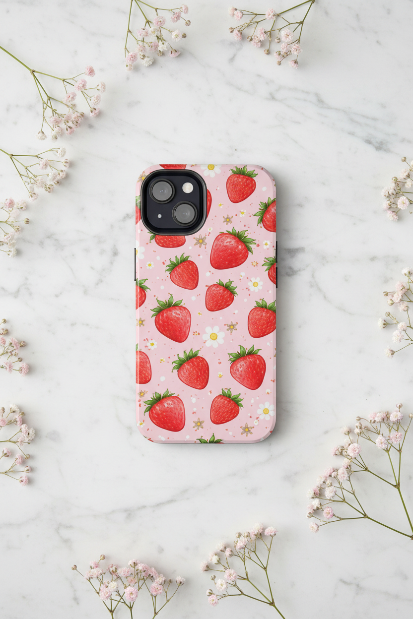 Pink Strawberry Print Phone Case, Soft Fruit Pattern