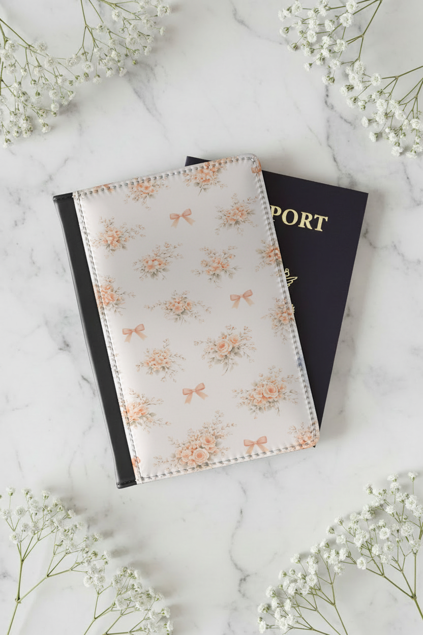 Vintage Peach Floral Bow Passport Cover
