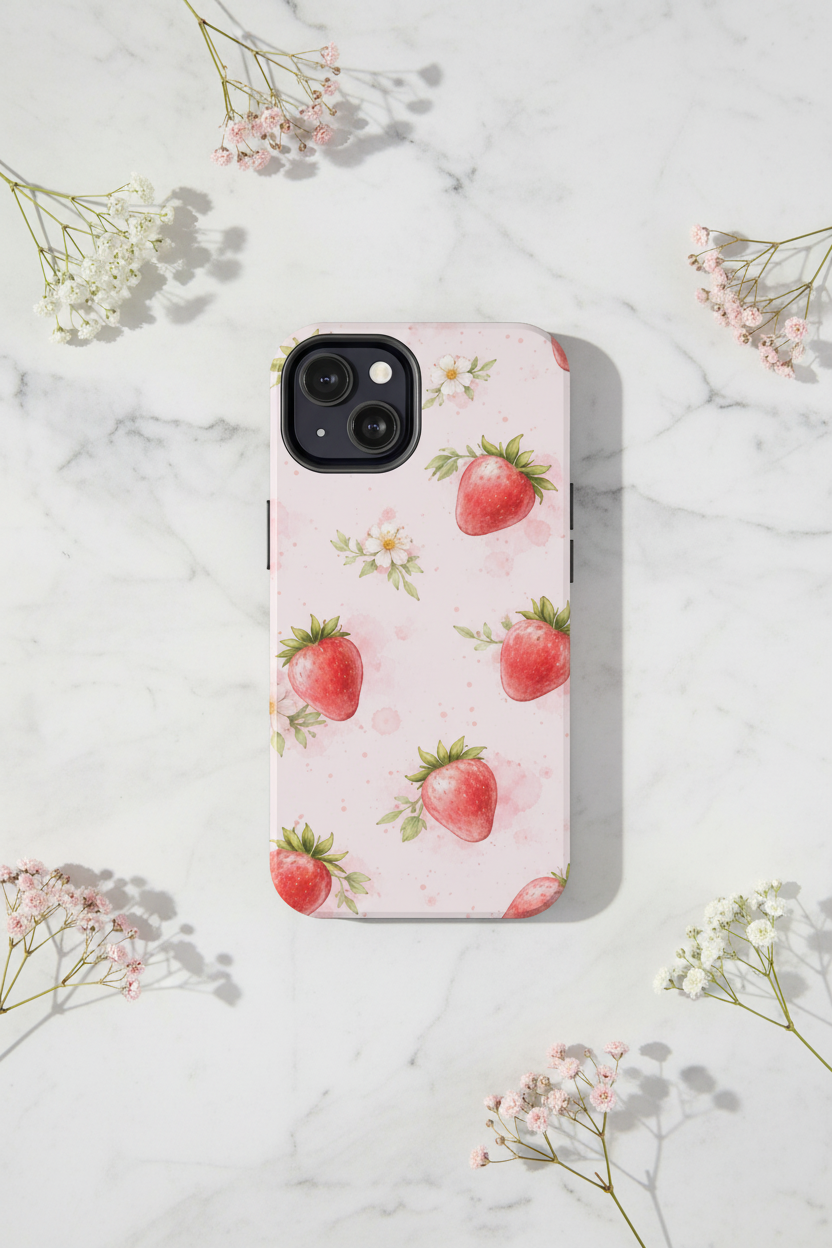 Watercolor Strawberry Phone Case, Pink Floral Fruit Pattern