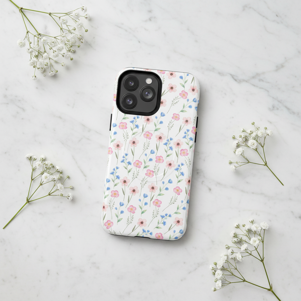 White wildflower phone case on marble with baby's breath