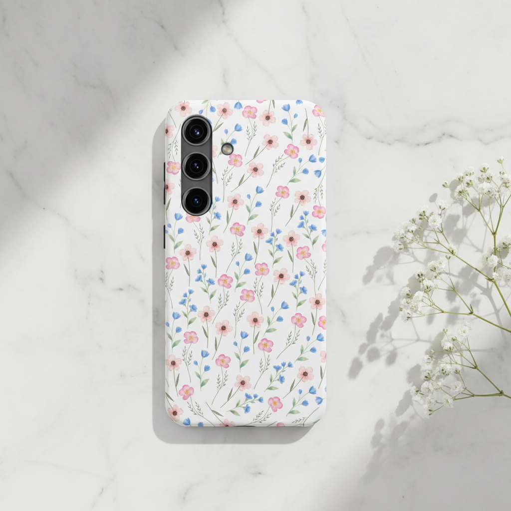 Wildflower Samsung case on marble with baby's breath