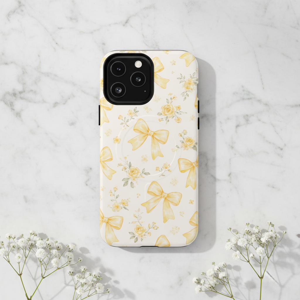 Yellow bows and roses iPhone case on marble with baby's breath