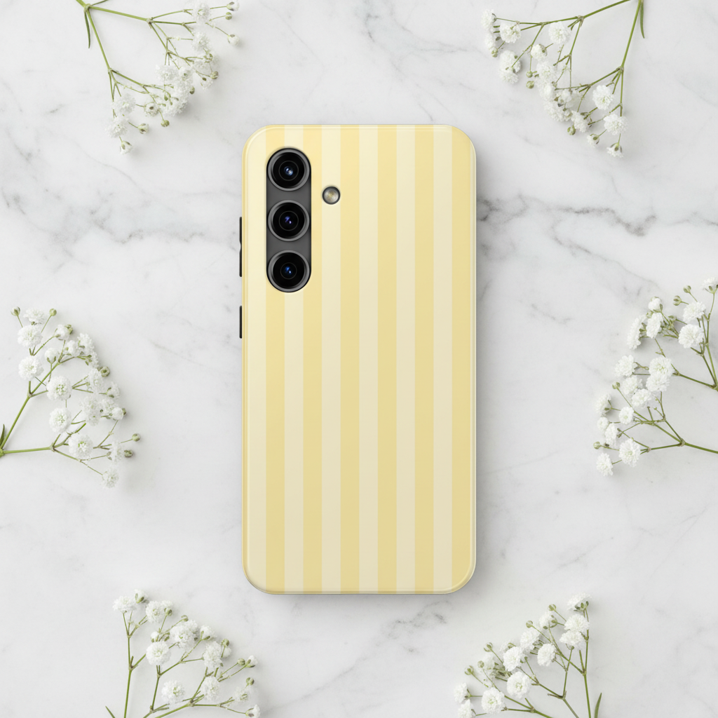 Yellow striped Samsung case on marble with baby's breath